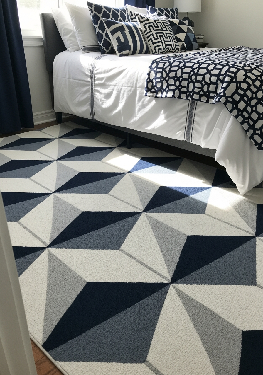 18. Navy White Geometric Bedroom