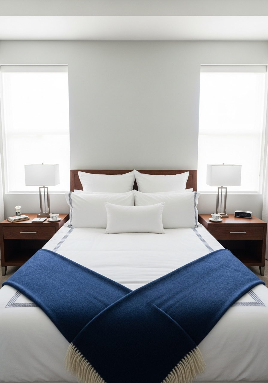 25. Navy White Hotel Bedroom