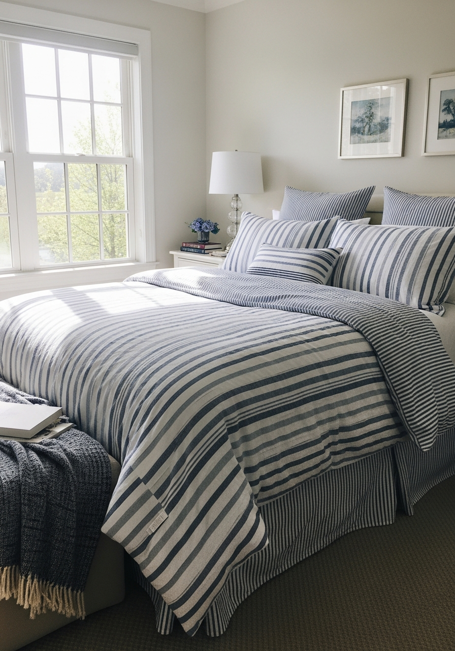 3. Striped Blue and White Bedding