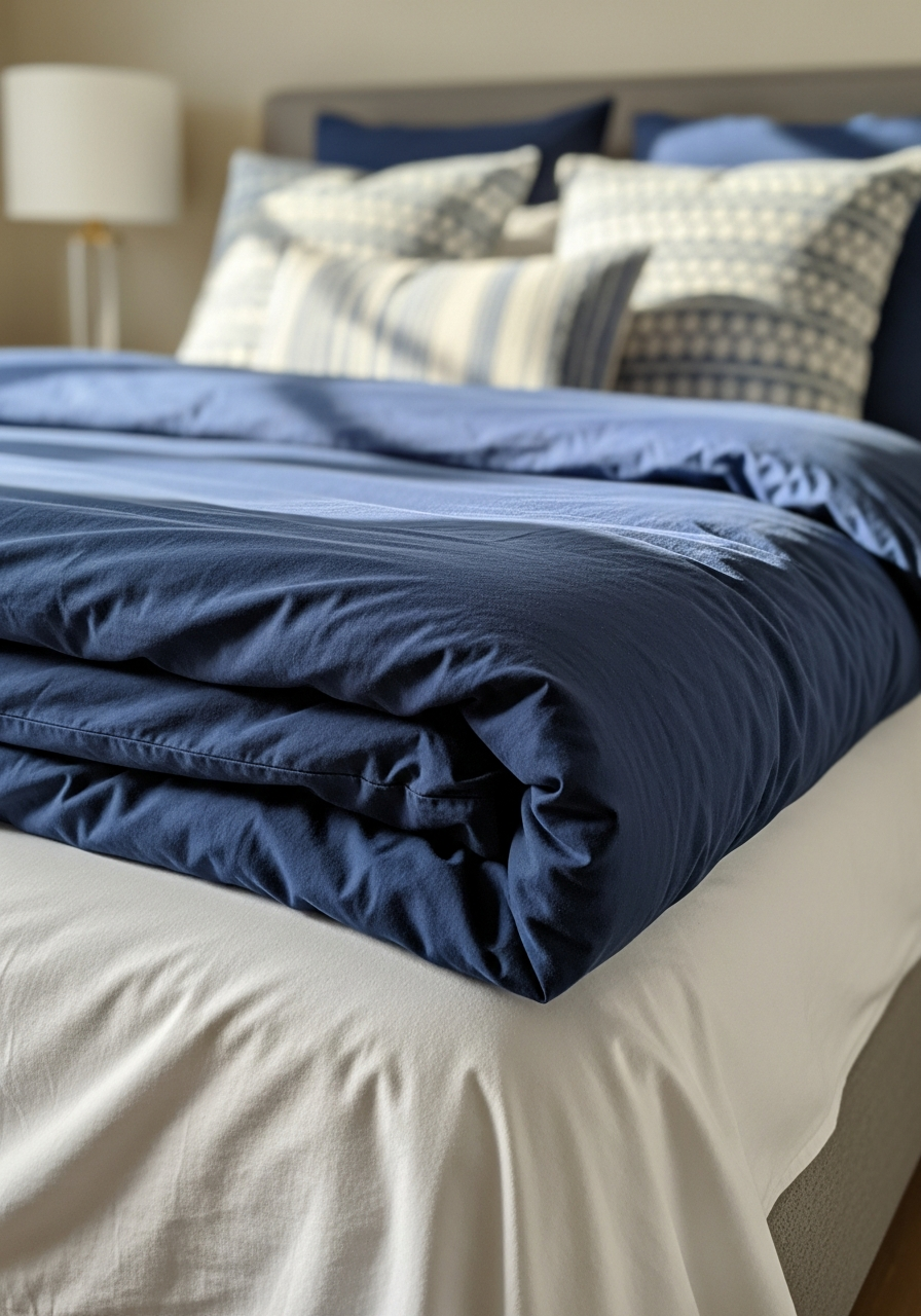 32. Navy White Layered Bedding