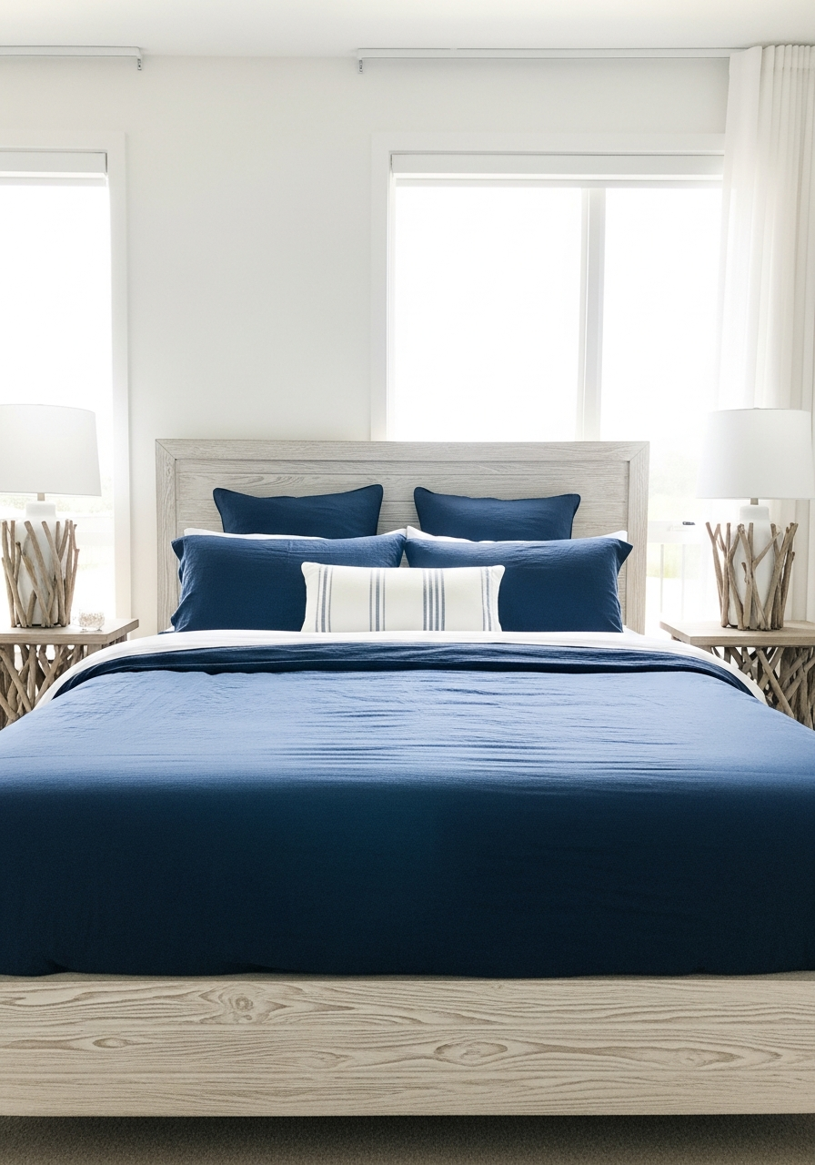 34. Blue Coastal Wood Bedroom