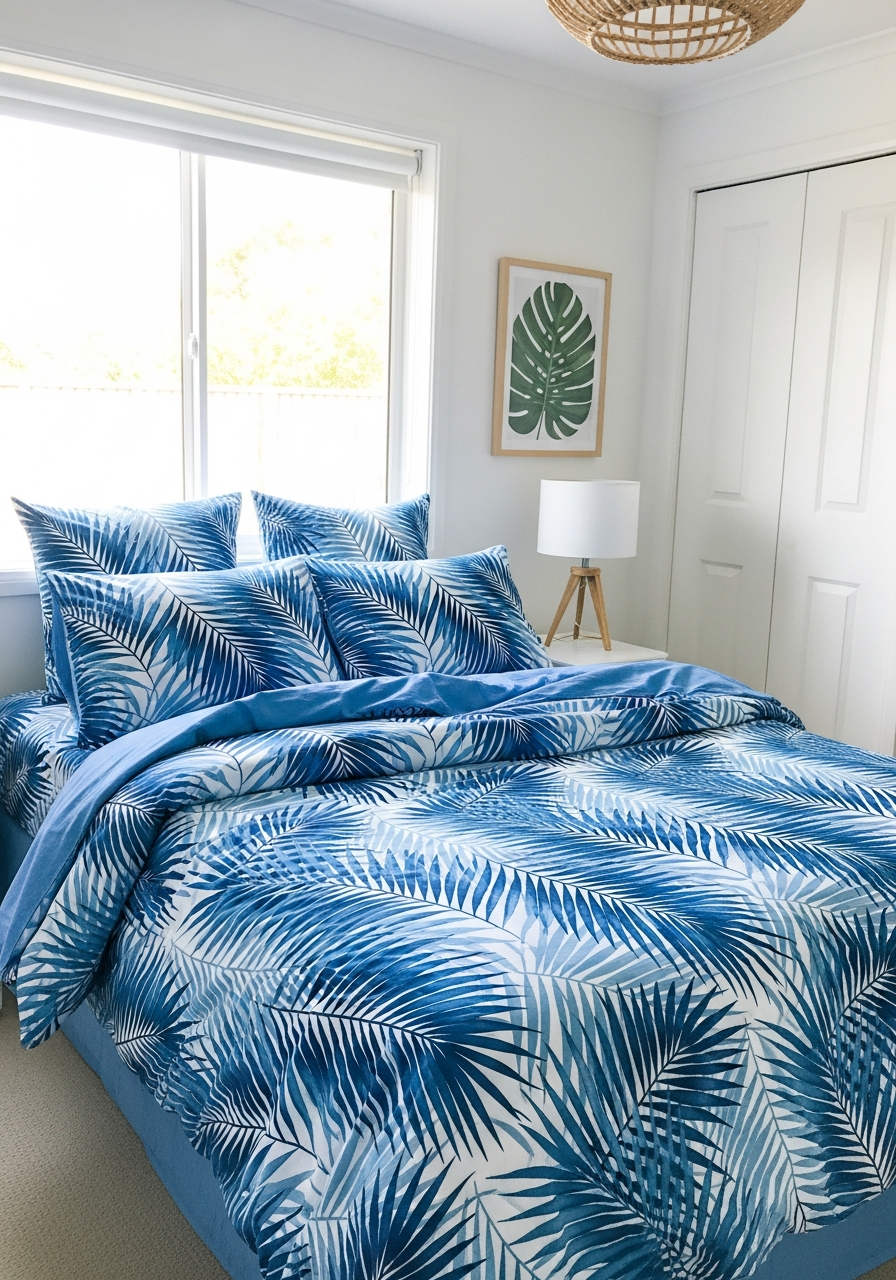 40. Blue White Tropical Bedroom