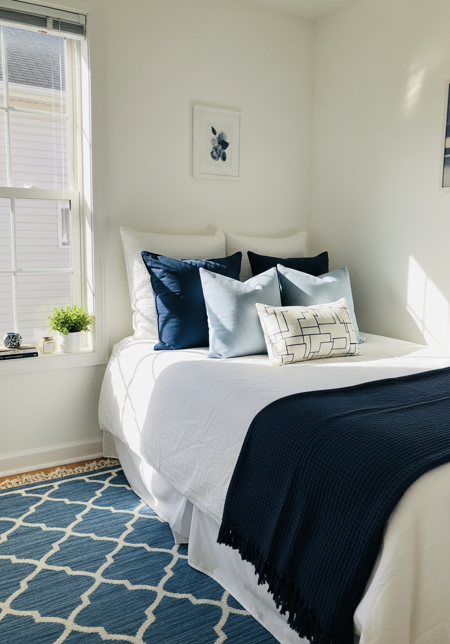7. White Bedroom Blue Textiles