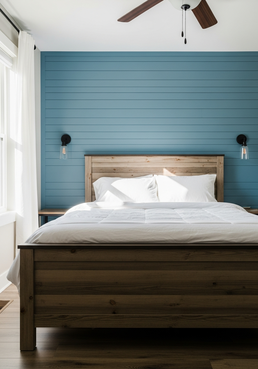 8. Blue Shiplap Farmhouse Bedroom