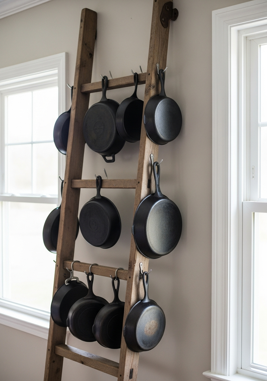 20. Rustic Ladder Cookware Rack