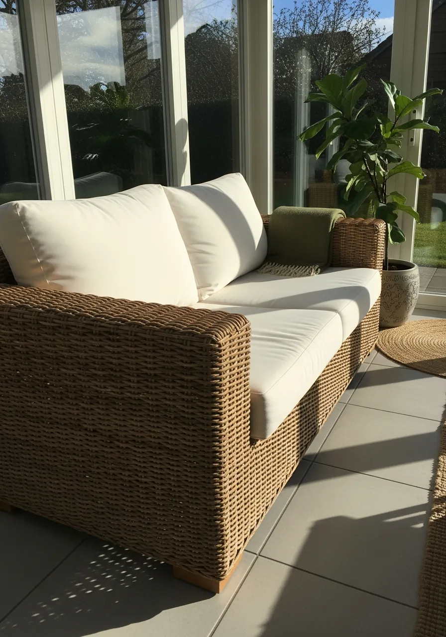 1. Wicker Sofa With Plush Cushions