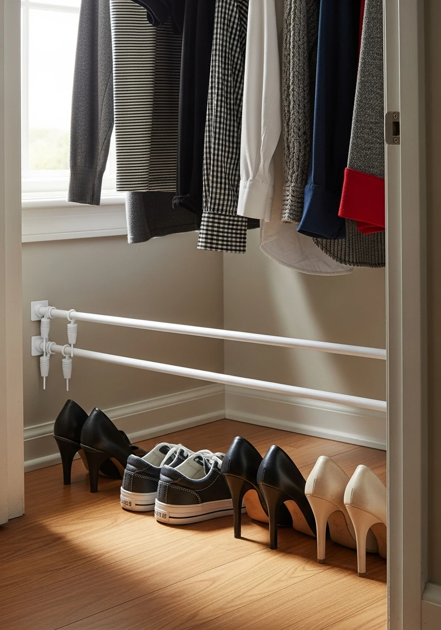 Tension Rod Shoe Shelf - 50 Smart Clothes Storage Ideas