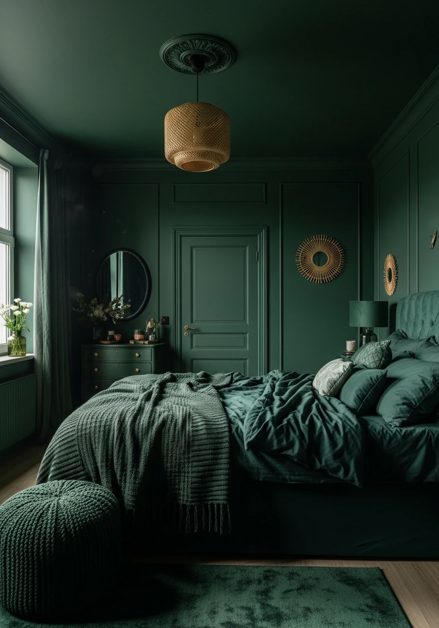 Cozy Forest Green Walls - color drenching bedroom