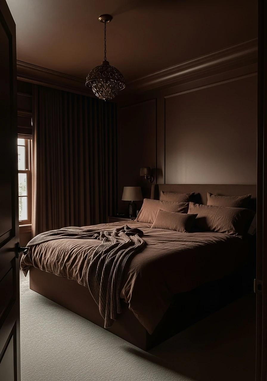 Deep Whiskey Brown - color drenching bedroom