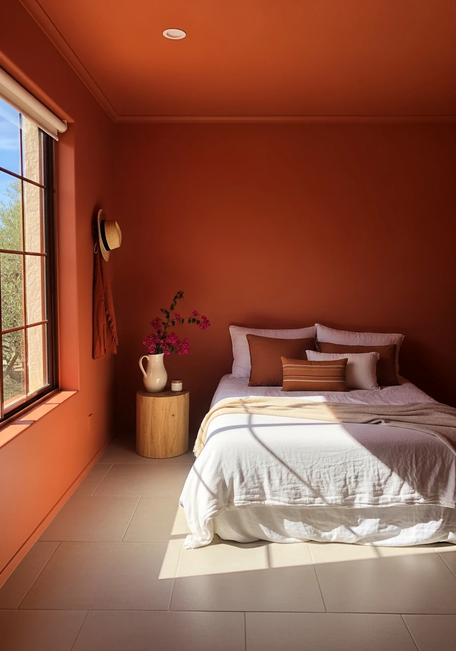 Warm Terracotta Walls - color drenching bedroom