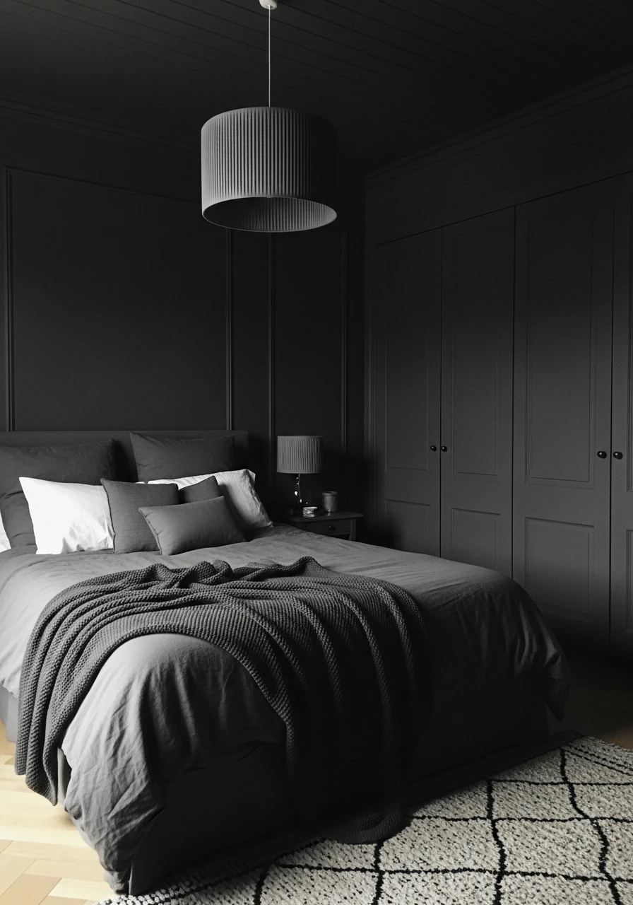 Midnight Charcoal Gray - color drenching bedroom