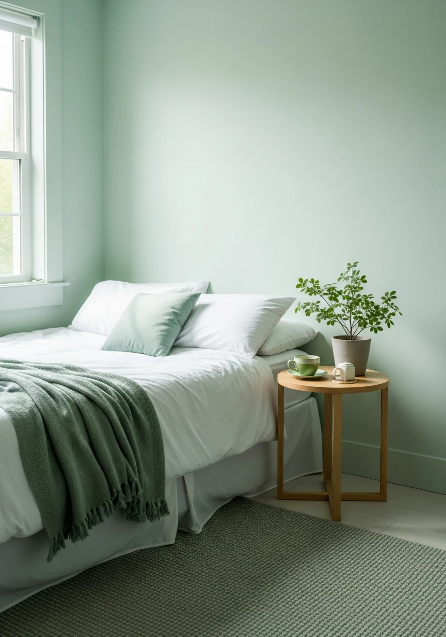 Soft Green Tea Wrap - color drenching bedroom