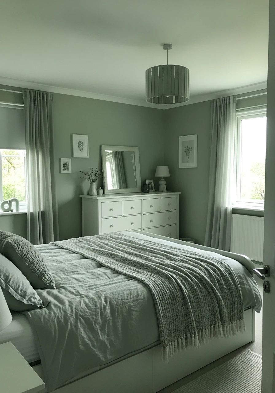 Soothing Sage Green Room - color drenching bedroom