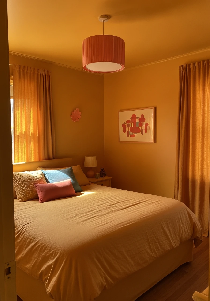 Warm Ochre and Coral Mix - color drenching bedroom