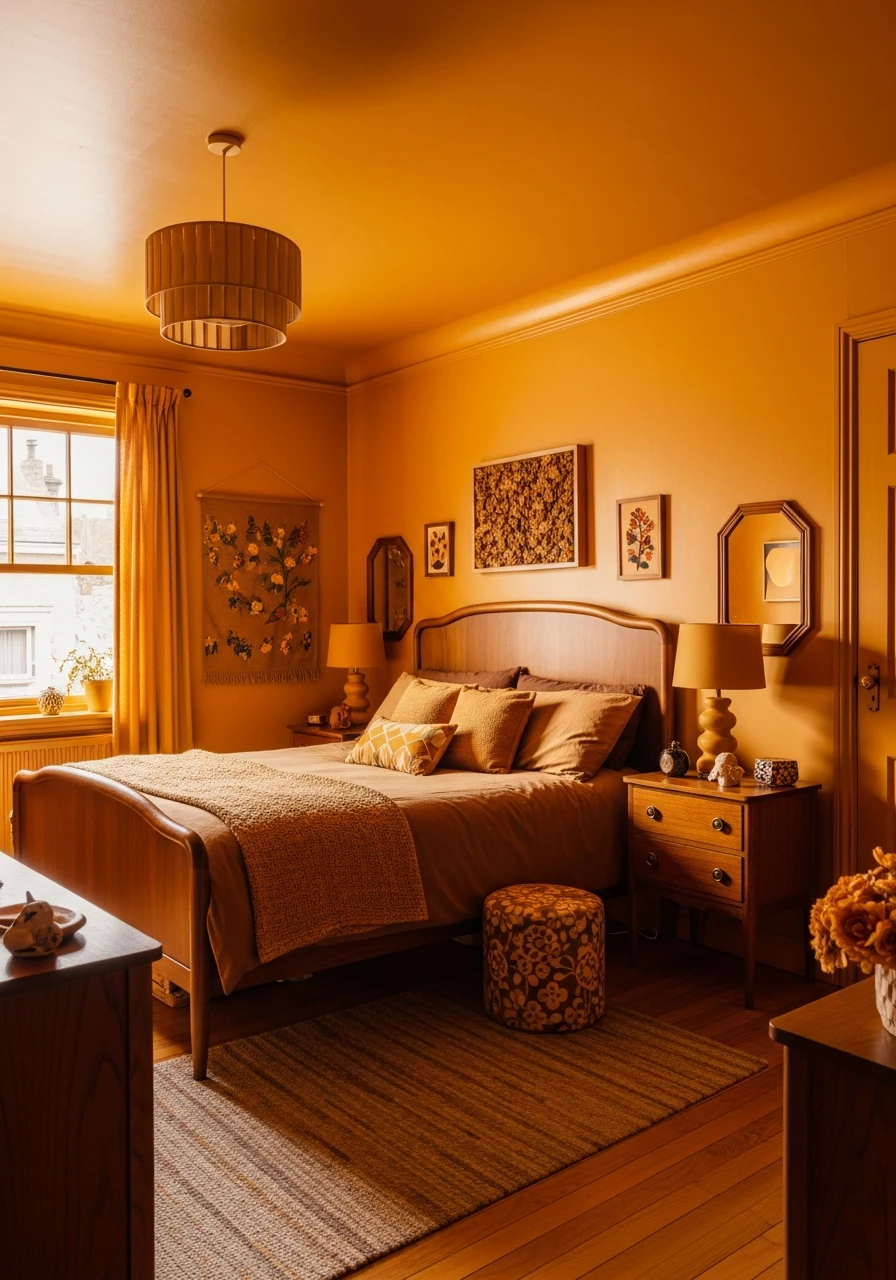 Mustard and Brown Fusion - color drenching bedroom
