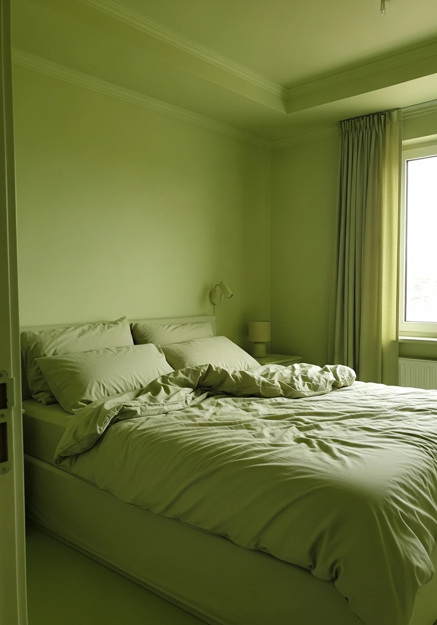 Light Olive Bedroom Wrap - color drenching bedroom