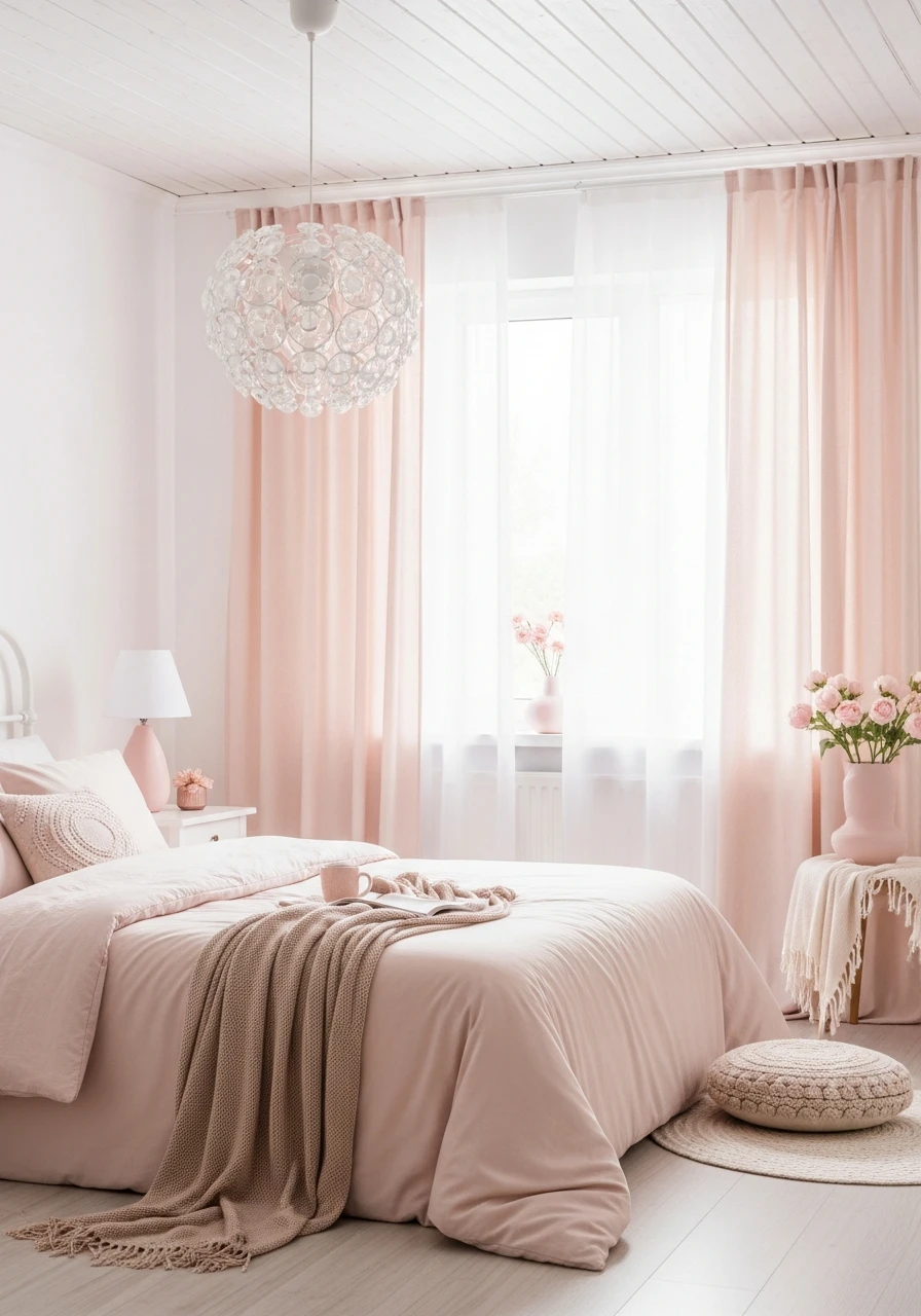 Soft Blush and Warm White - color drenching bedroom