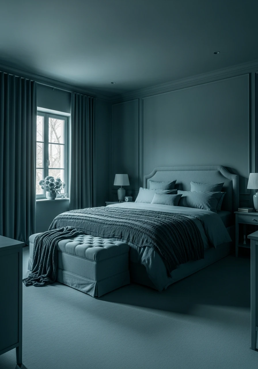 Smoky Blue-Green Immersion - color drenching bedroom