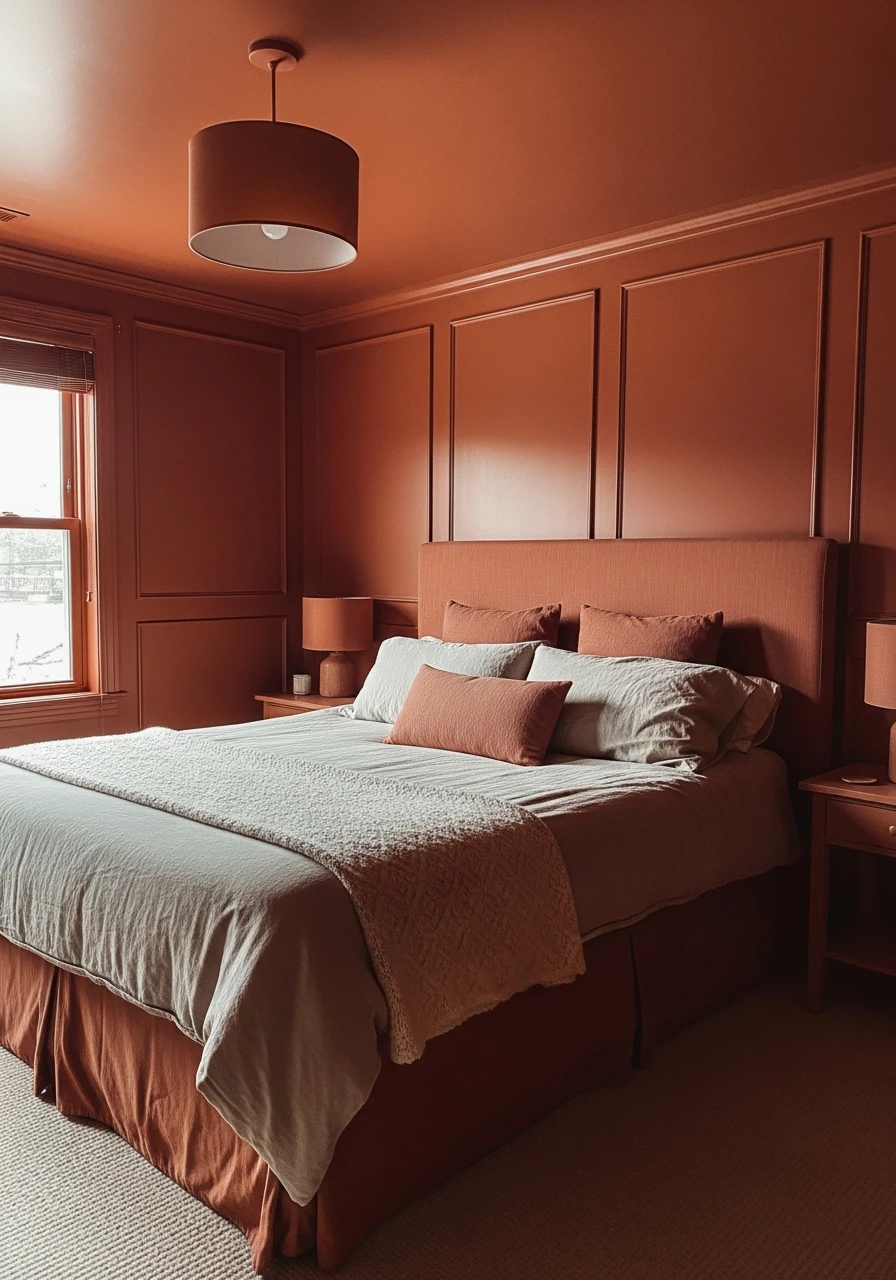 Earthy Clay Red Walls - color drenching bedroom