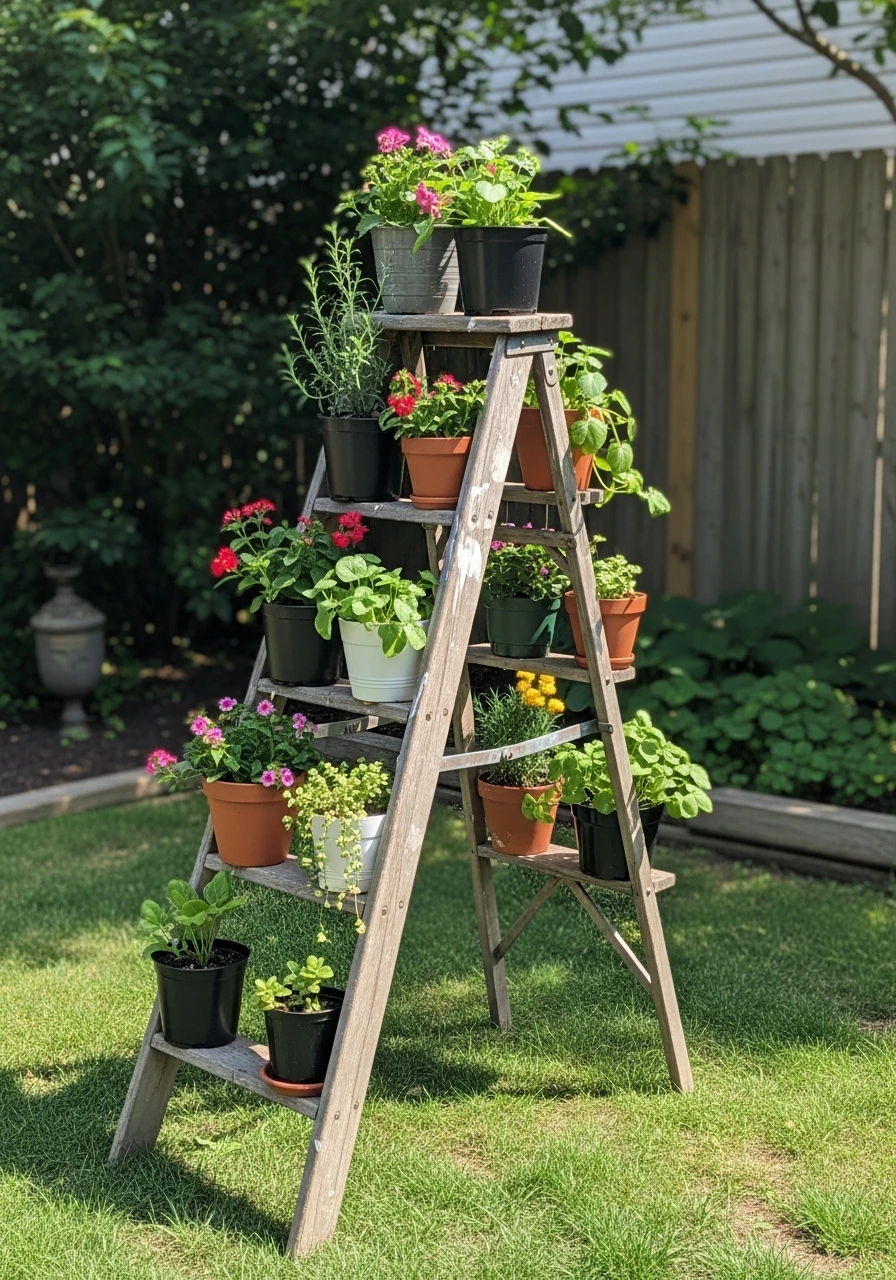 Ladder Plant Stand - 50 Easy DIY Backyard Ideas to Create Your Dream Outdoor Space