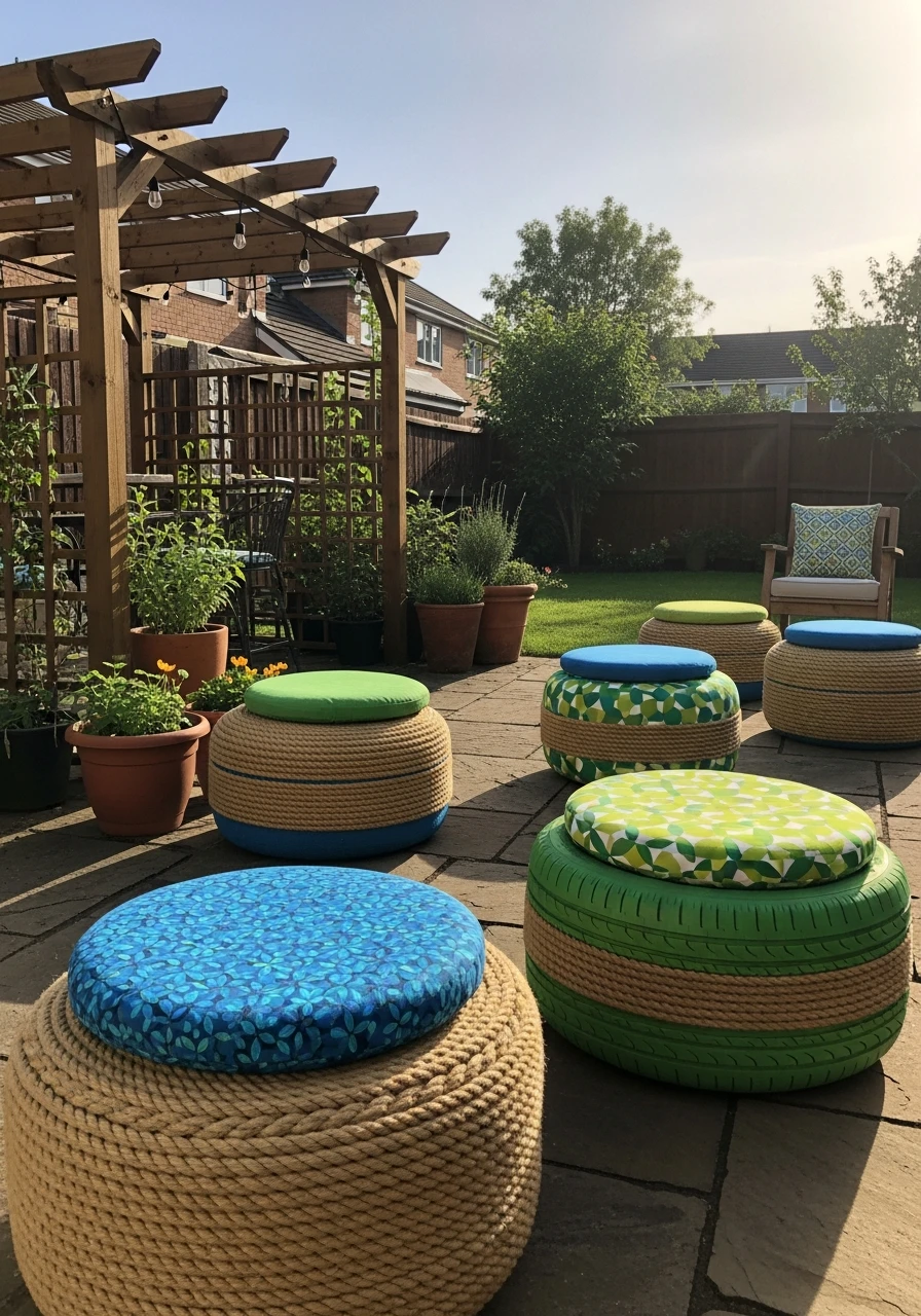 Tire Pouf Seating - 50 Easy DIY Backyard Ideas to Create Your Dream Outdoor Space
