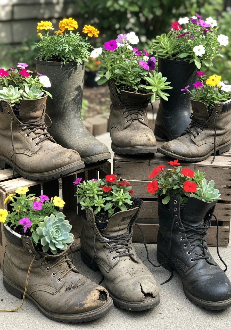 Old Boot Planters - 45 Genius DIY Garden Ideas to Spruce Up Your Yard