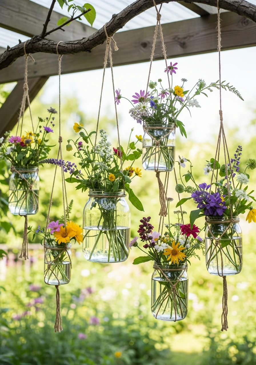 Hanging Mason Jar Vases - 45 Genius DIY Garden Ideas to Spruce Up Your Yard