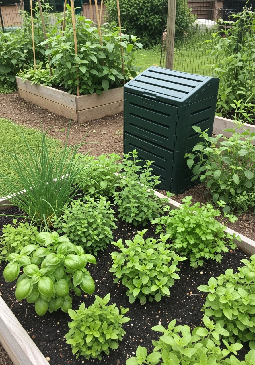 Herbs & Compost Bin - 50 Herb Garden Ideas for a Beautiful, Budget-Friendly Home