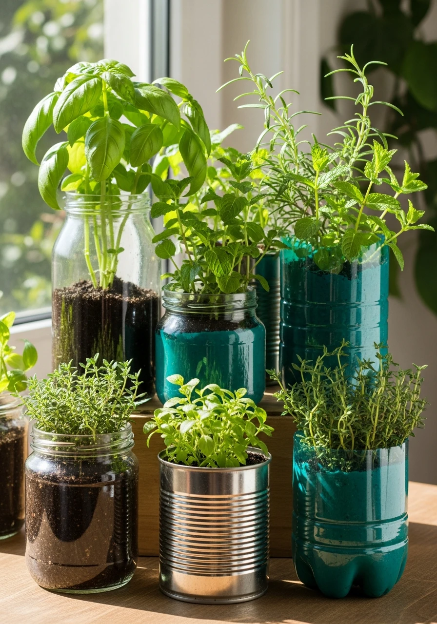Recycled Planter Herbs - 50 Herb Garden Ideas for a Beautiful, Budget-Friendly Home