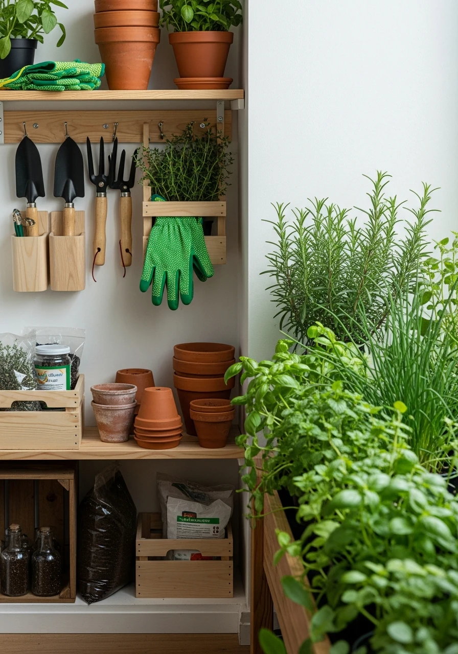 Tool Storage Corner - 50 Herb Garden Ideas for a Beautiful, Budget-Friendly Home