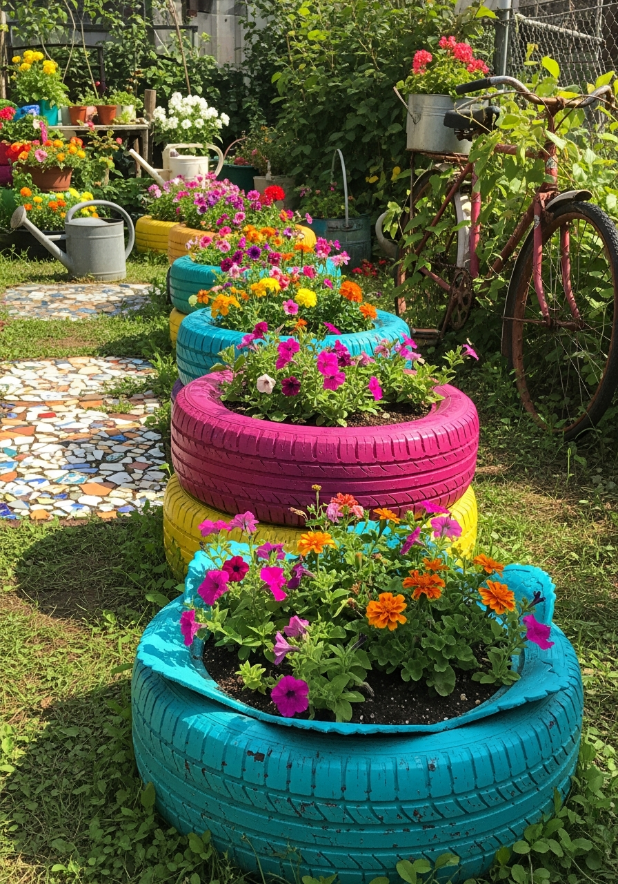 21. Tire Flower Planters