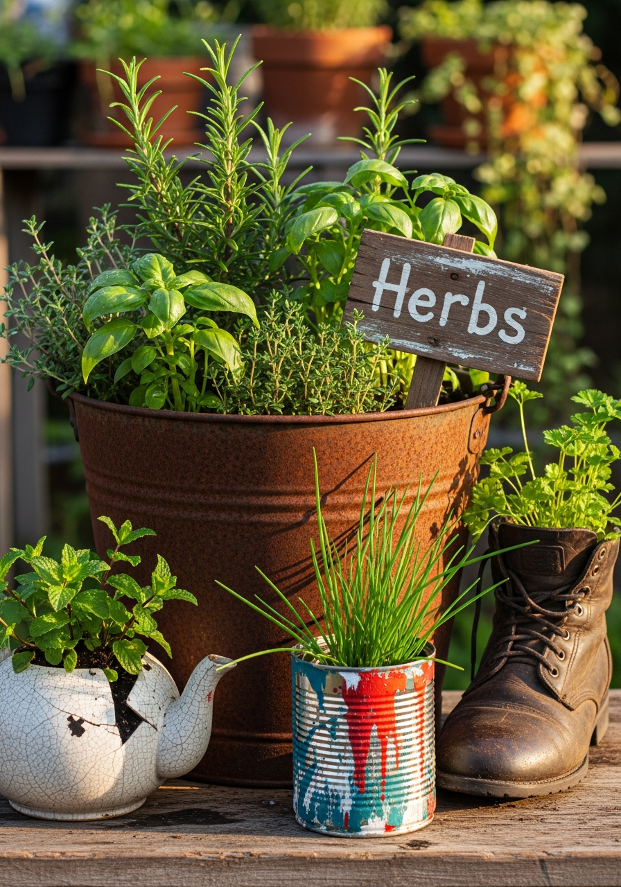 22. Rustic Bucket Herb Garden