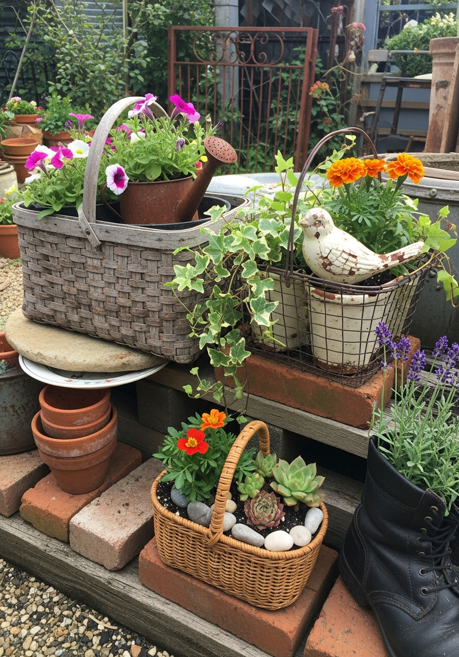 29. Vintage Basket Flower Planters