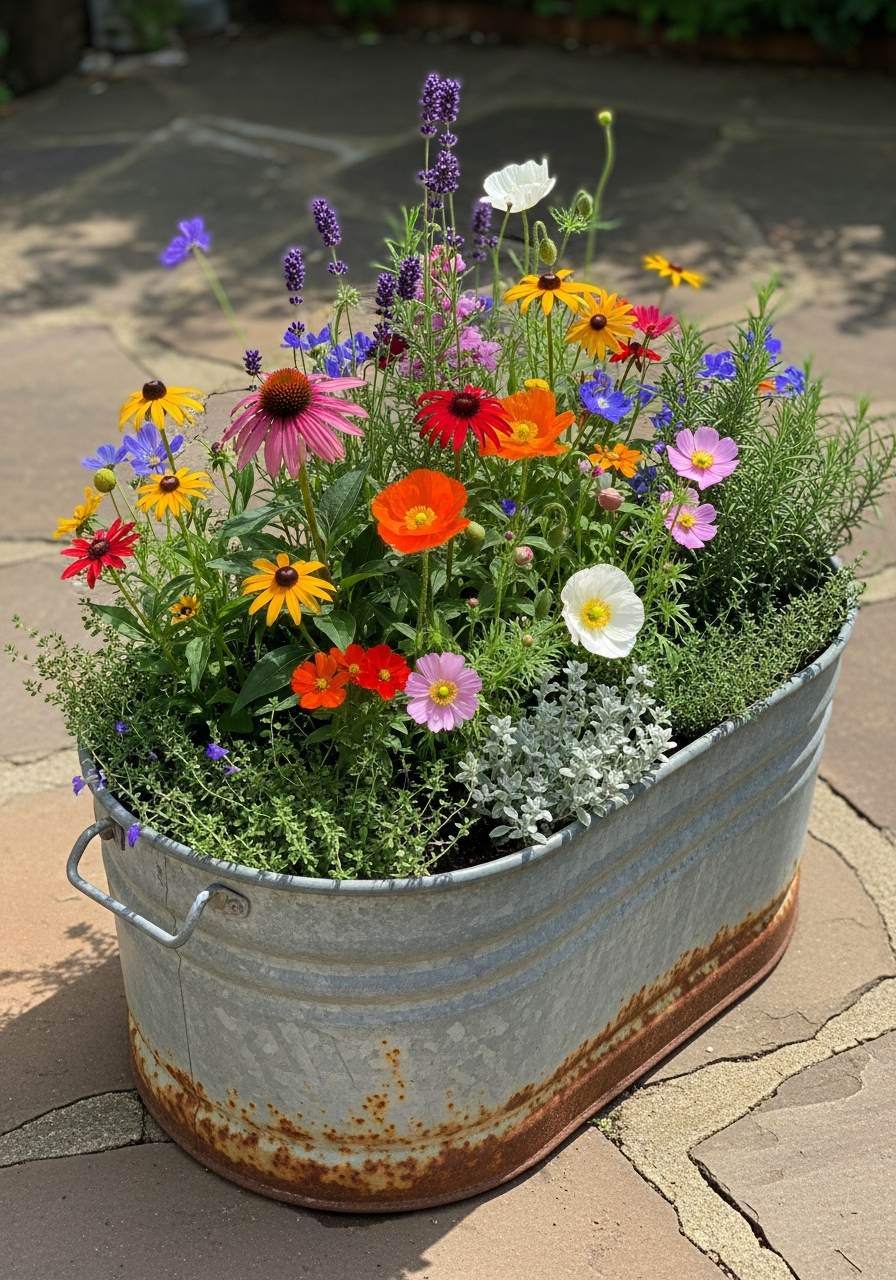 4. Galvanized Tub Flower Planter