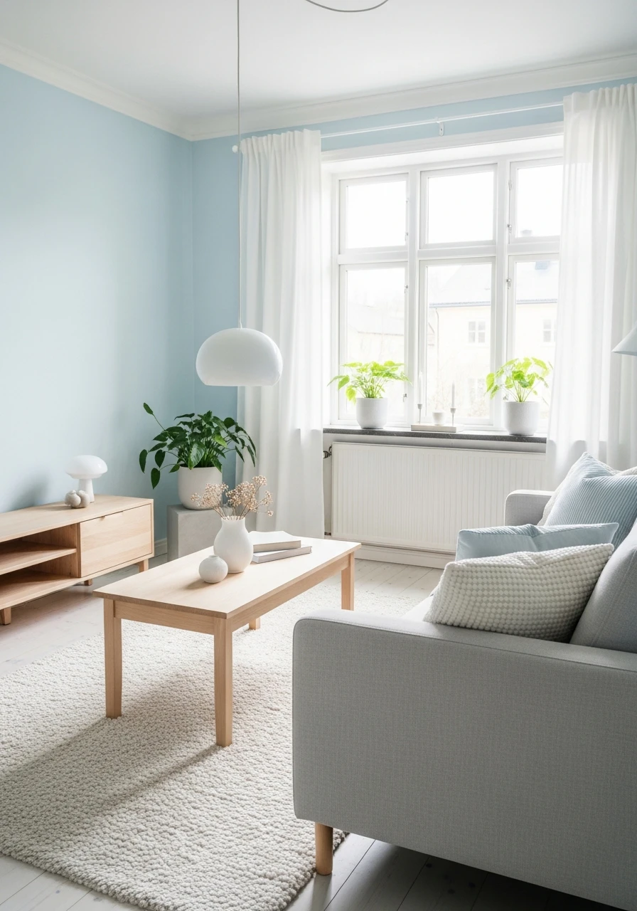Icy Blue & Birch Wood - 50 Living Room Color Combinations You'll Love