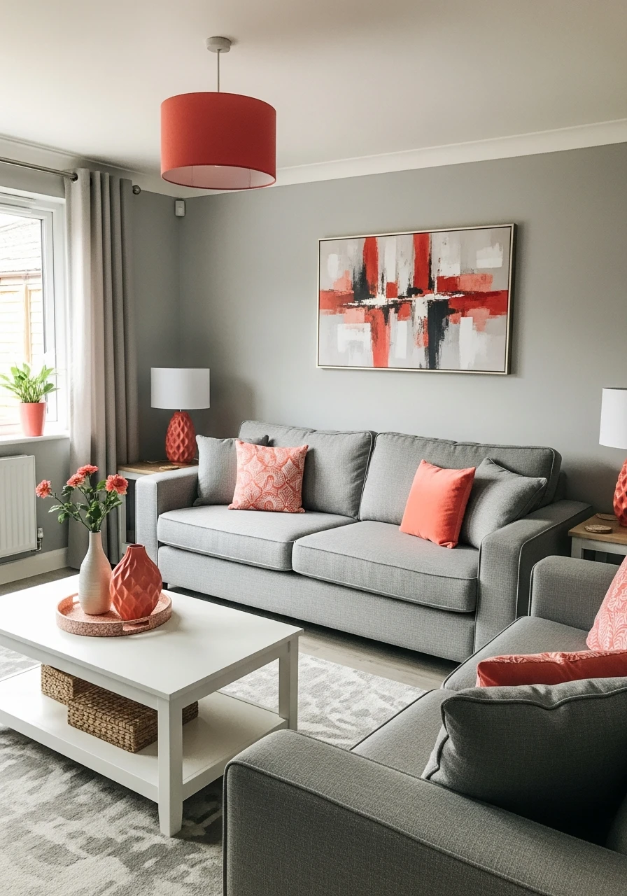 Ash Gray & Coral Pop - 50 Living Room Color Combinations You'll Love