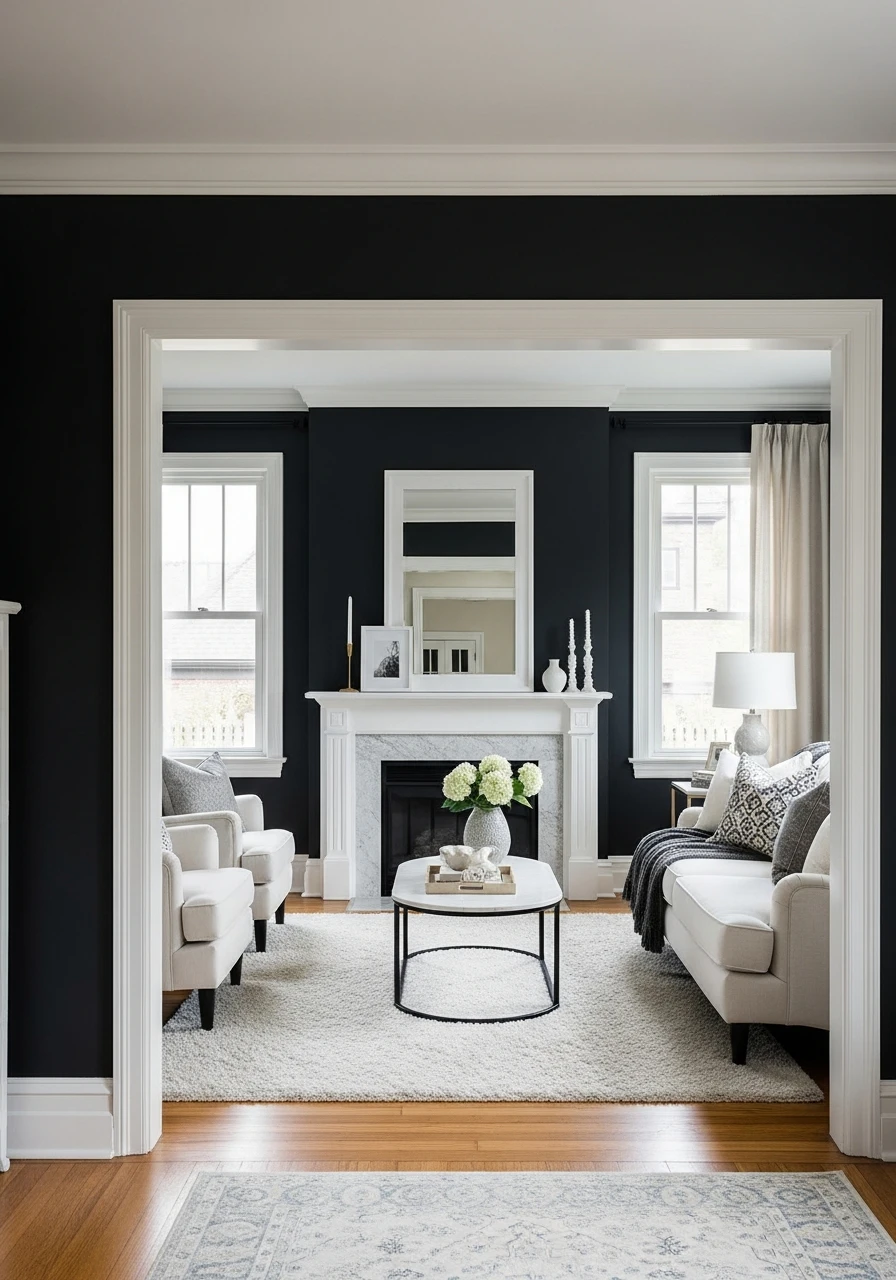 Black Walls & White Trim - 50 Living Room Color Combinations You'll Love