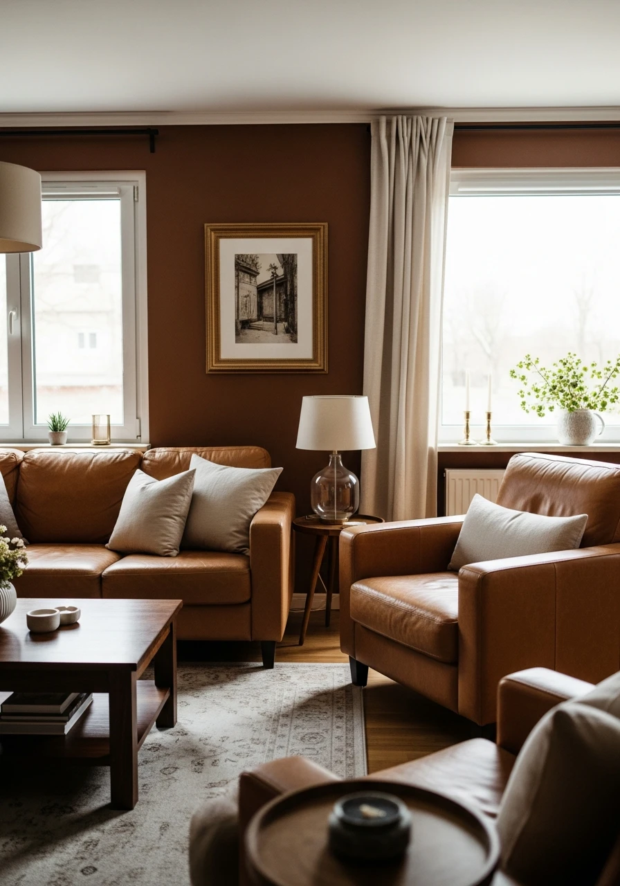 Coffee Brown & Tan Leather - 50 Living Room Color Combinations You'll Love