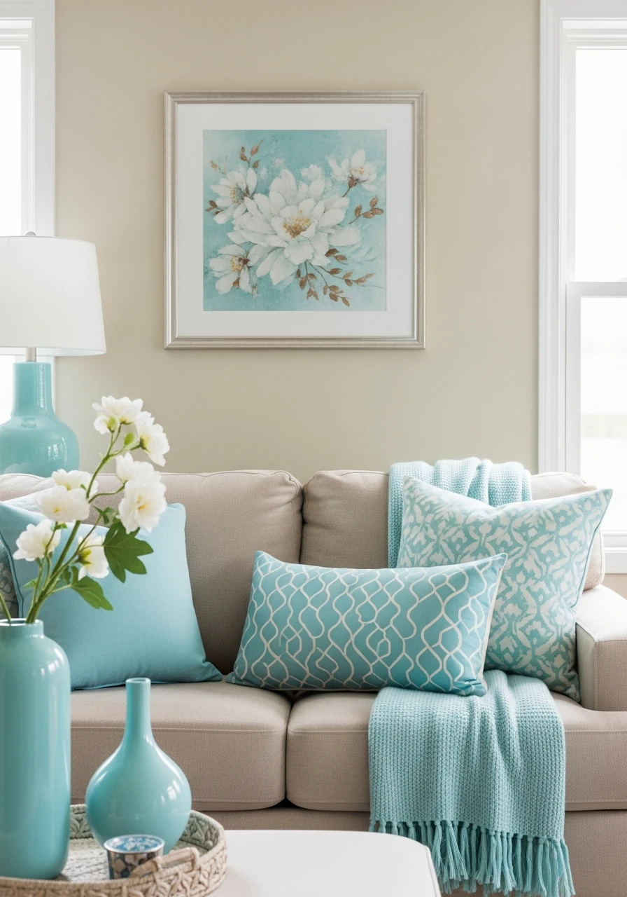 Khaki & Aqua Blue - 50 Living Room Color Combinations You'll Love