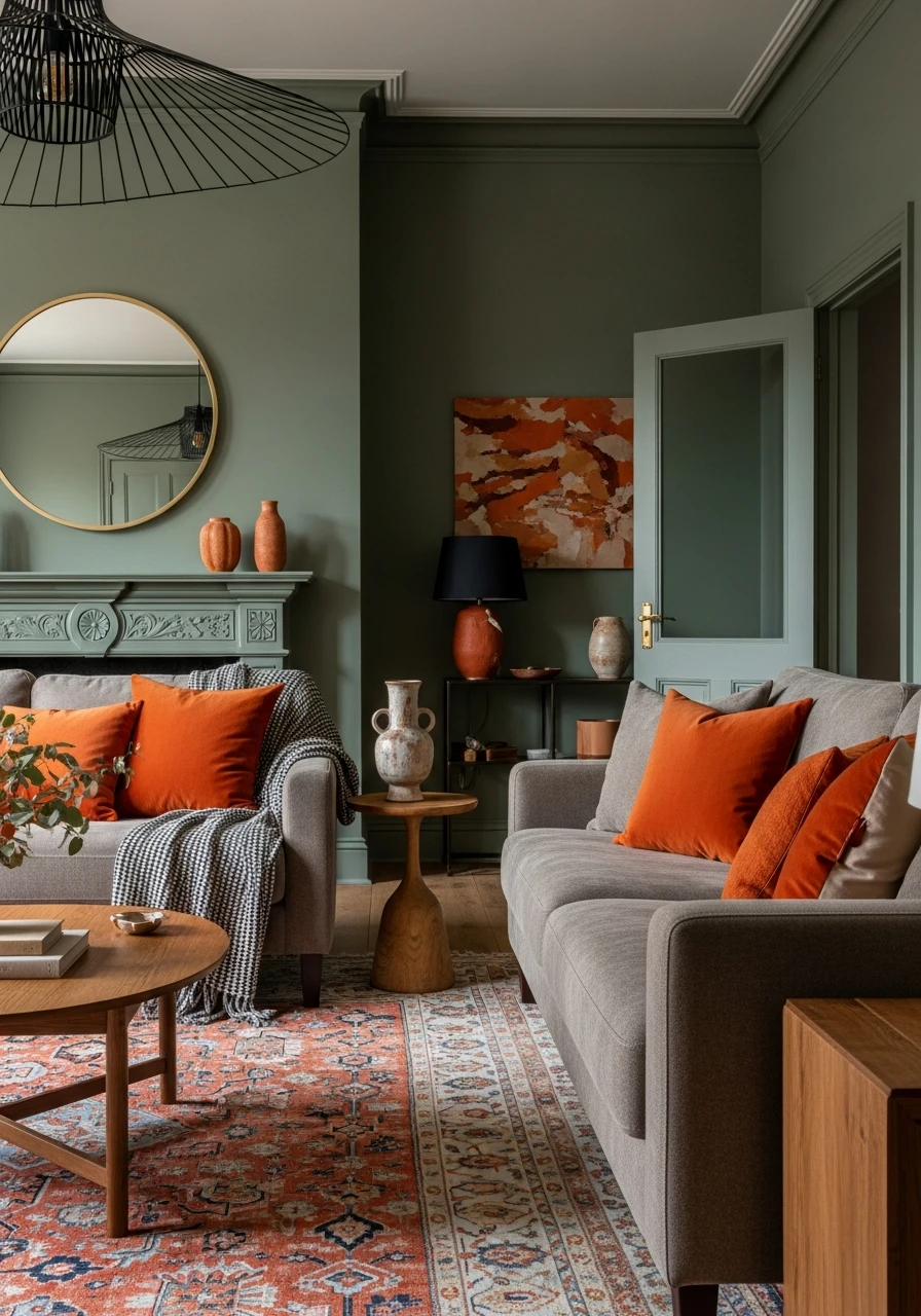 Jade Green & Burnt Orange - 50 Living Room Color Combinations You'll Love