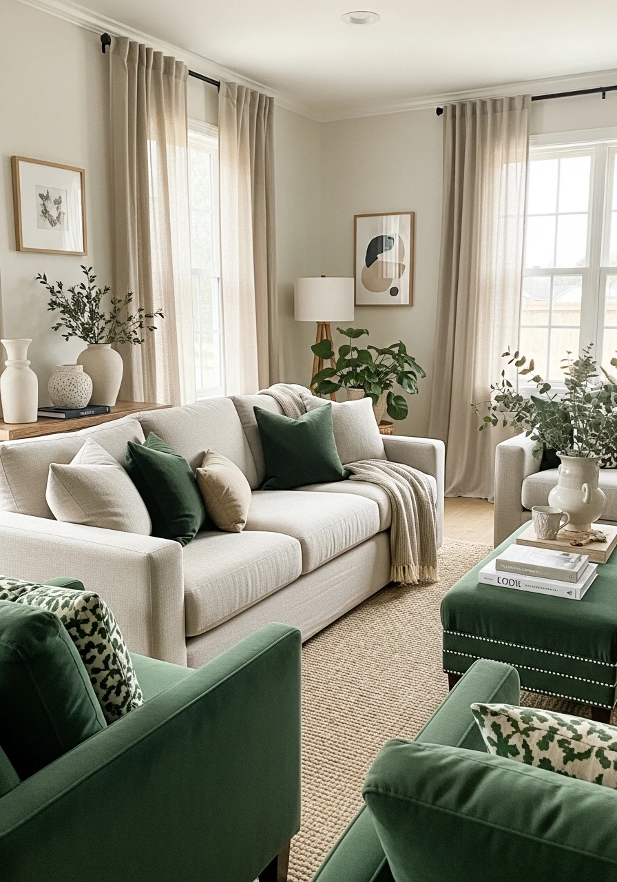 Beige Linen & Forest Green - 50 Living Room Color Combinations You'll Love