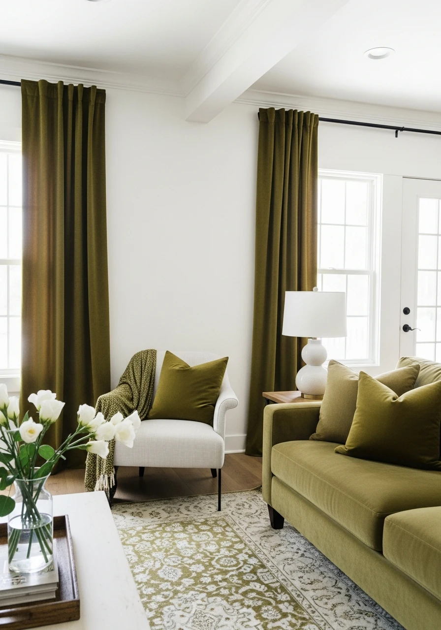 White Walls & Olive Textiles - 50 Living Room Color Combinations You'll Love