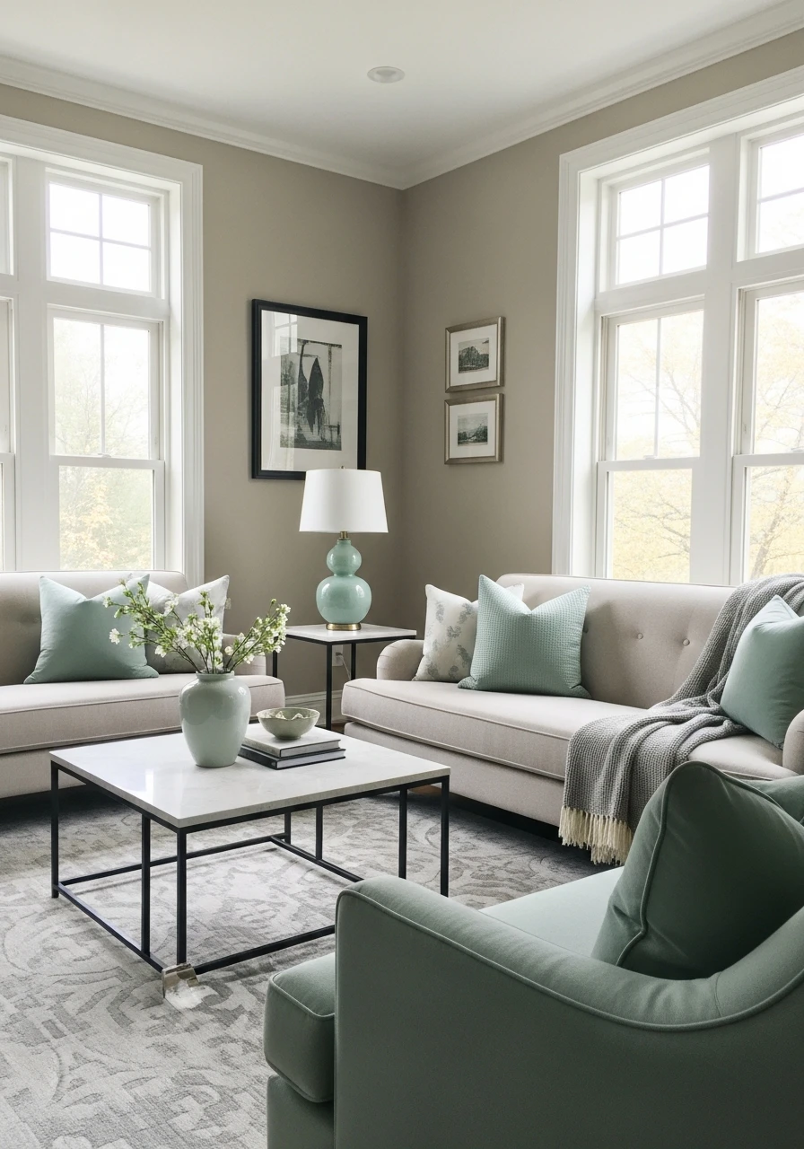 Soft Taupe & Celadon - 50 Living Room Color Combinations You'll Love
