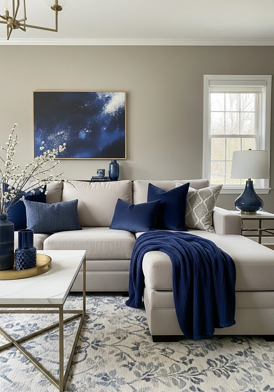 Taupe & Indigo Accents - 50 Living Room Color Combinations You'll Love