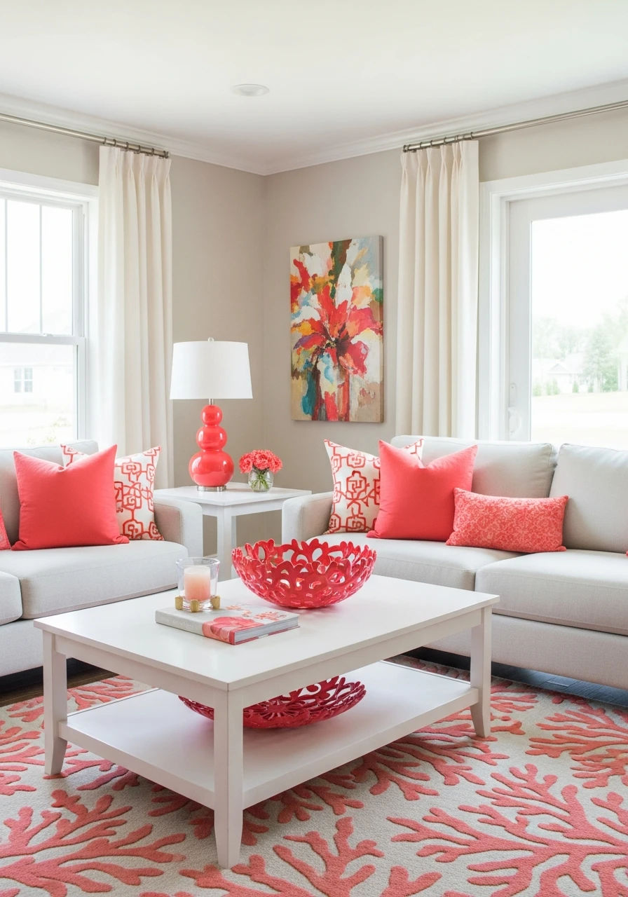 Champagne & Coral Pop - 50 Living Room Color Combinations You'll Love
