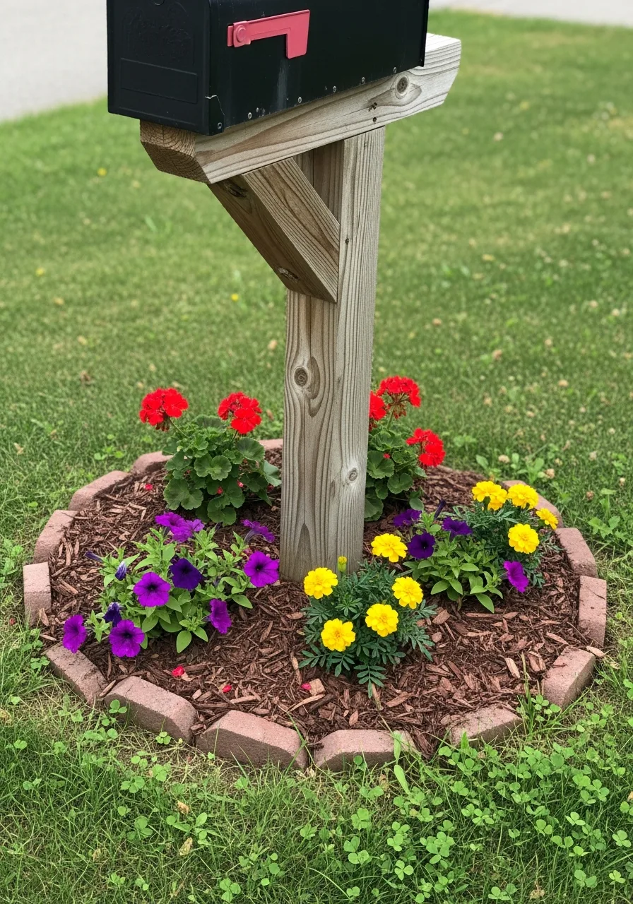 7. Rustic Wood Post Bright Flowers