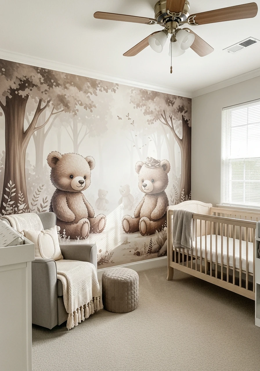 Forest Bear Mural - 25 Cozy Teddy Bear Nursery Ideas You'll Adore