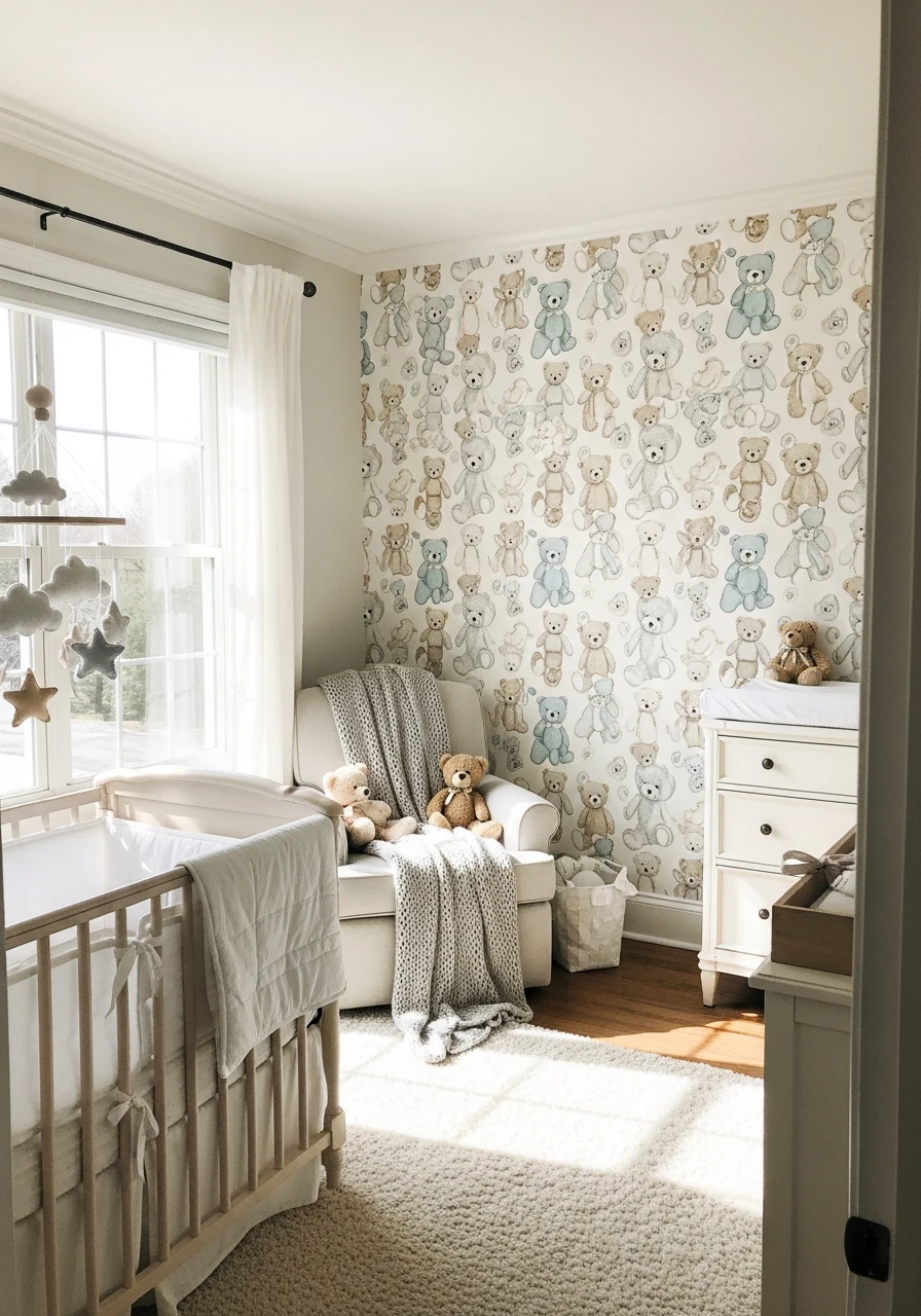 Bear Wallpaper Accent - 25 Cozy Teddy Bear Nursery Ideas You'll Adore