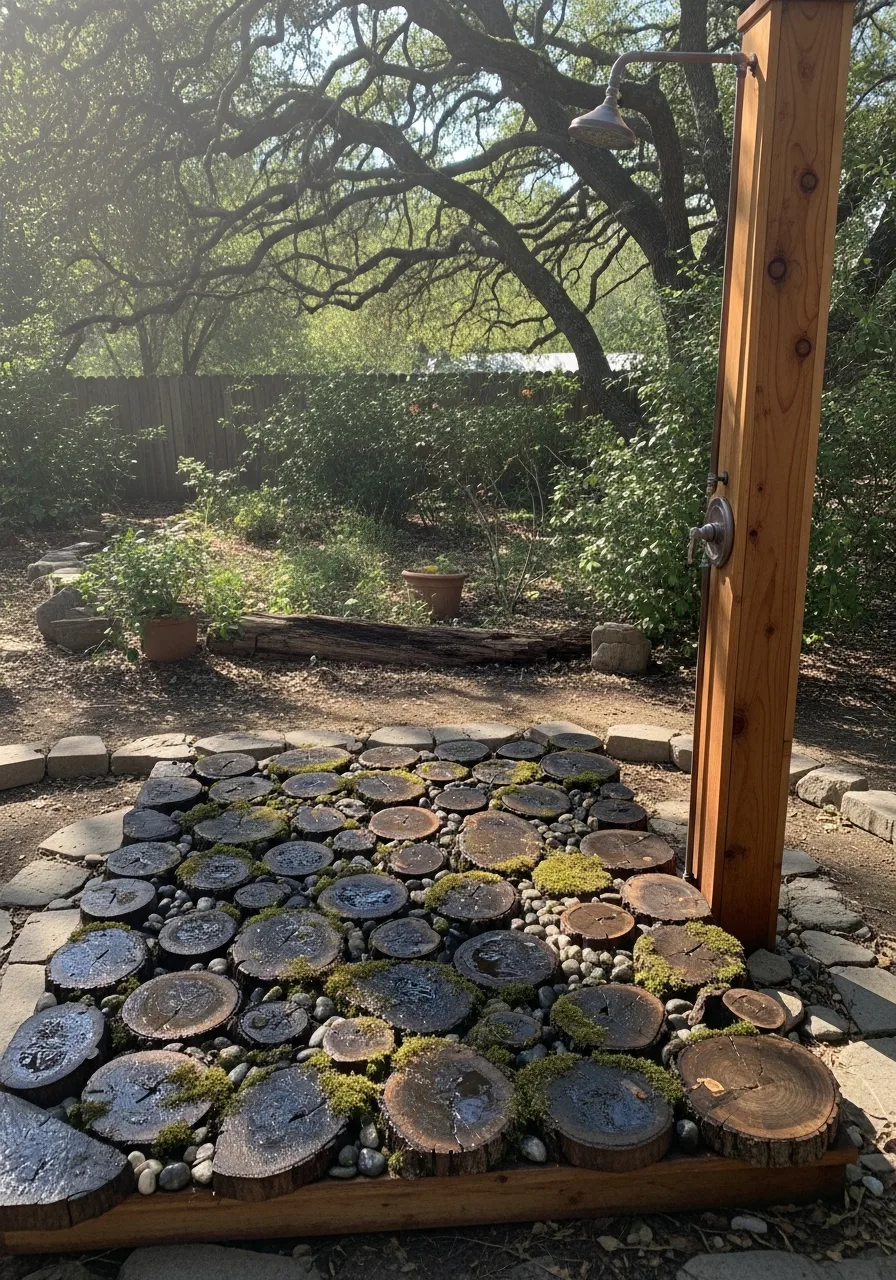 35. Log Outdoor Shower Platform