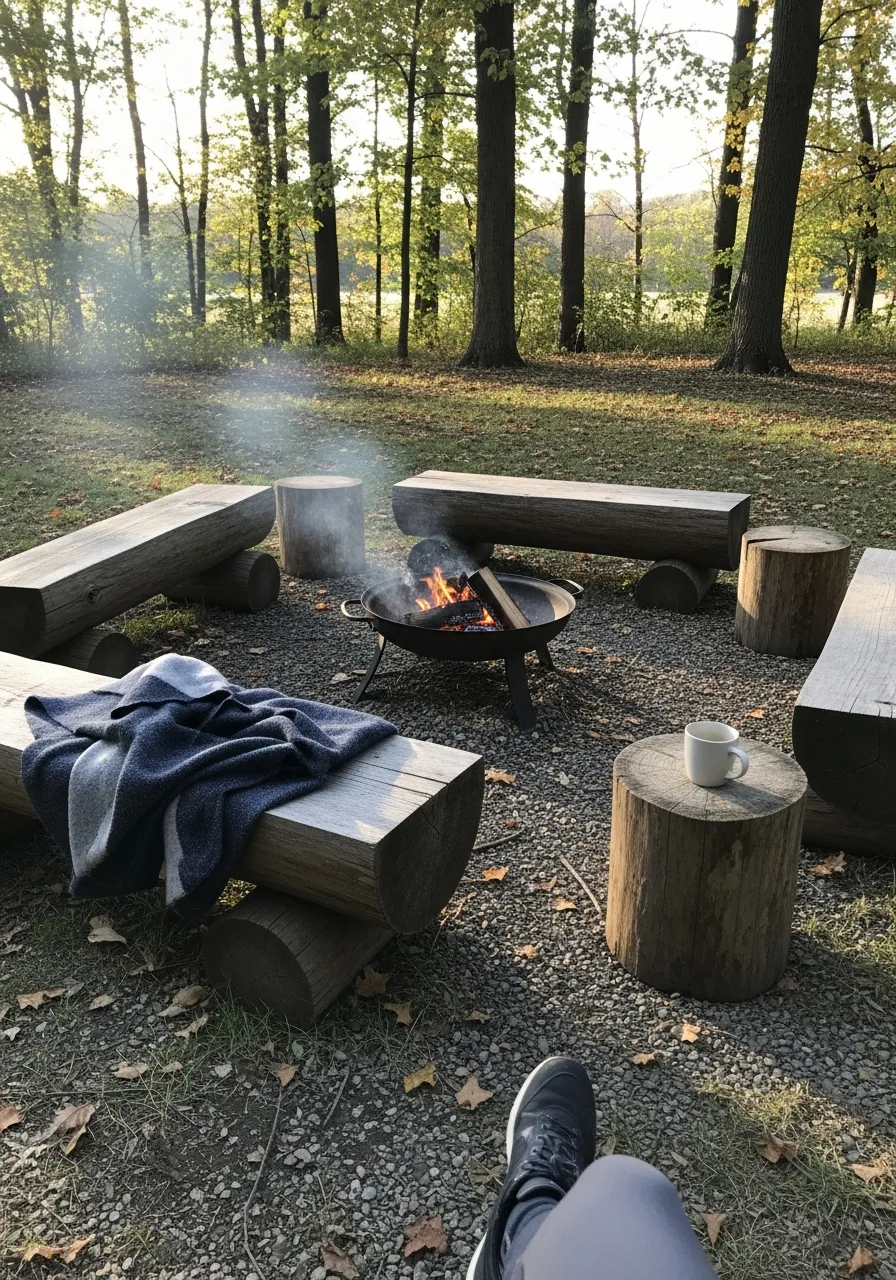 7. Log Fire Pit Seating Area